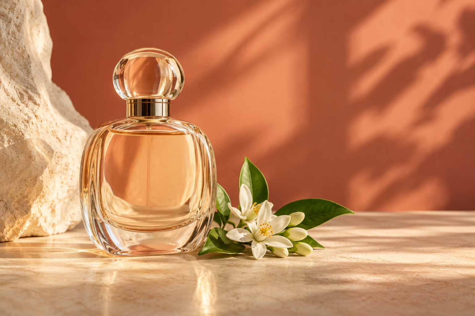 Luxury citrus perfume bottle on sunlit marble with delicate water droplets and sharp macro highlights