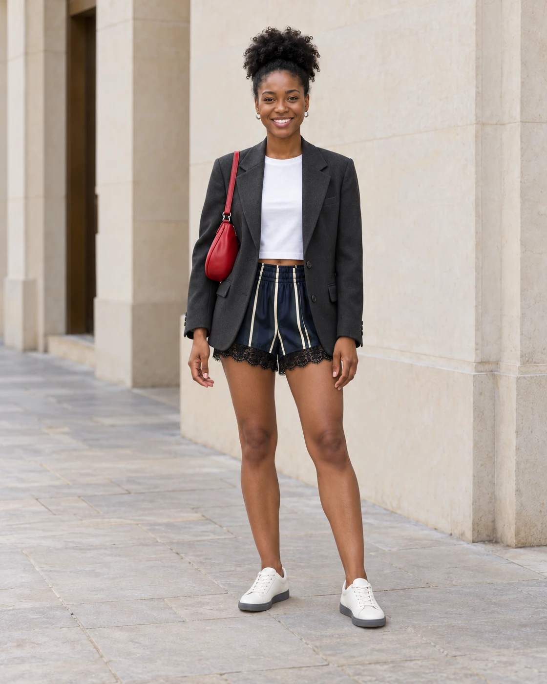 The same woman wearing the streetwear set with striped shorts and a red bag on the city walkway