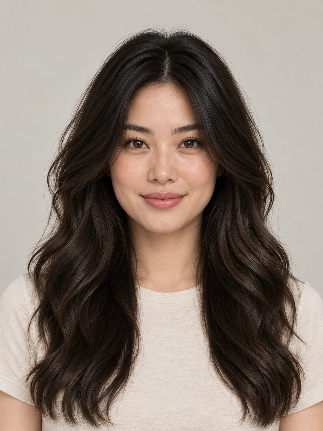 Original portrait with natural long waves and an oatmeal crew-neck top