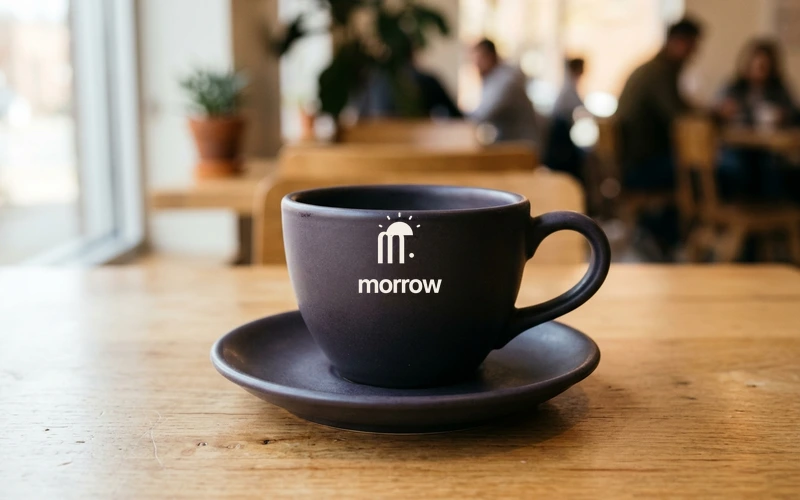 Morrow minimal logo printed on a midnight violet ceramic coffee cup