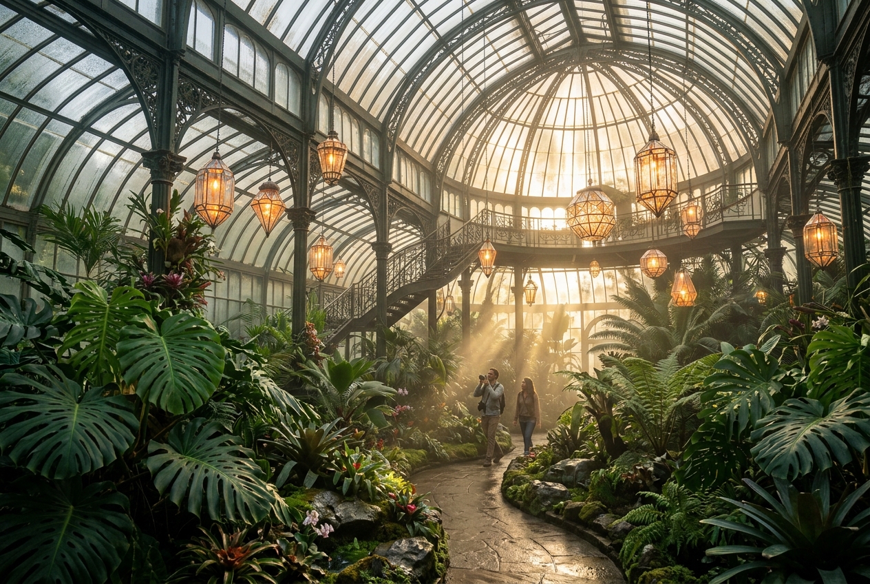 Sunlit Victorian botanical greenhouse conservatory with giant monstera leaves and glowing prism lanterns