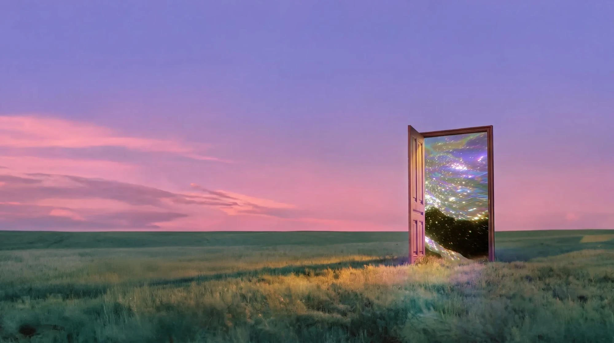 Surreal portal opening to a starry sky above an expansive grass field