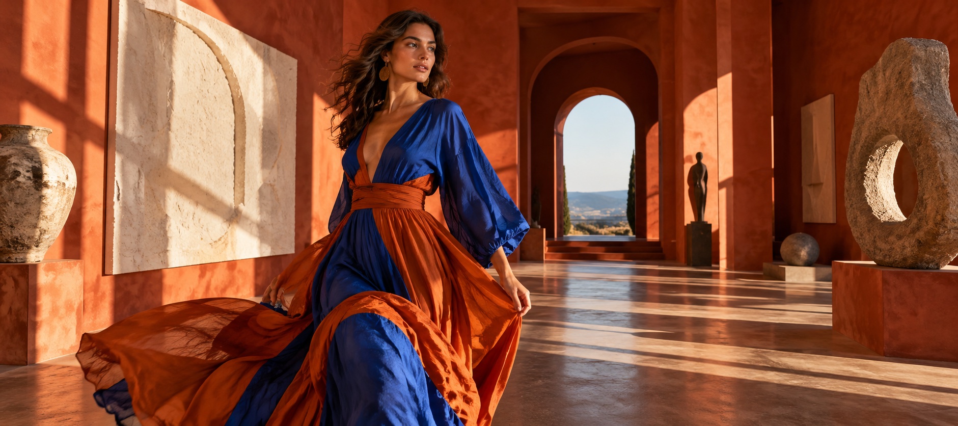 High-fashion editorial model in flowing amber and blue silk gown beneath sunlit classical terracotta colonnades