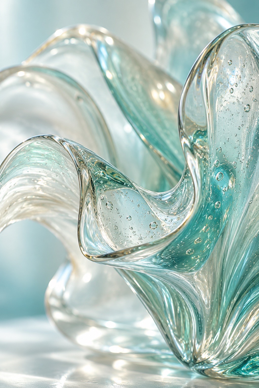 Translucent glass sculpture with caustics and fluid refraction under soft studio lighting
