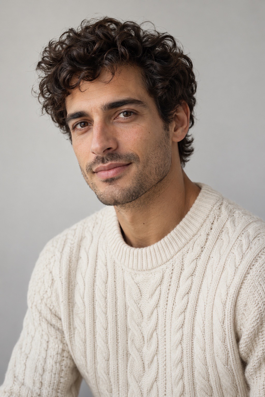 Studio portrait of a man in a cream knit sweater without eyewear against a neutral warm background