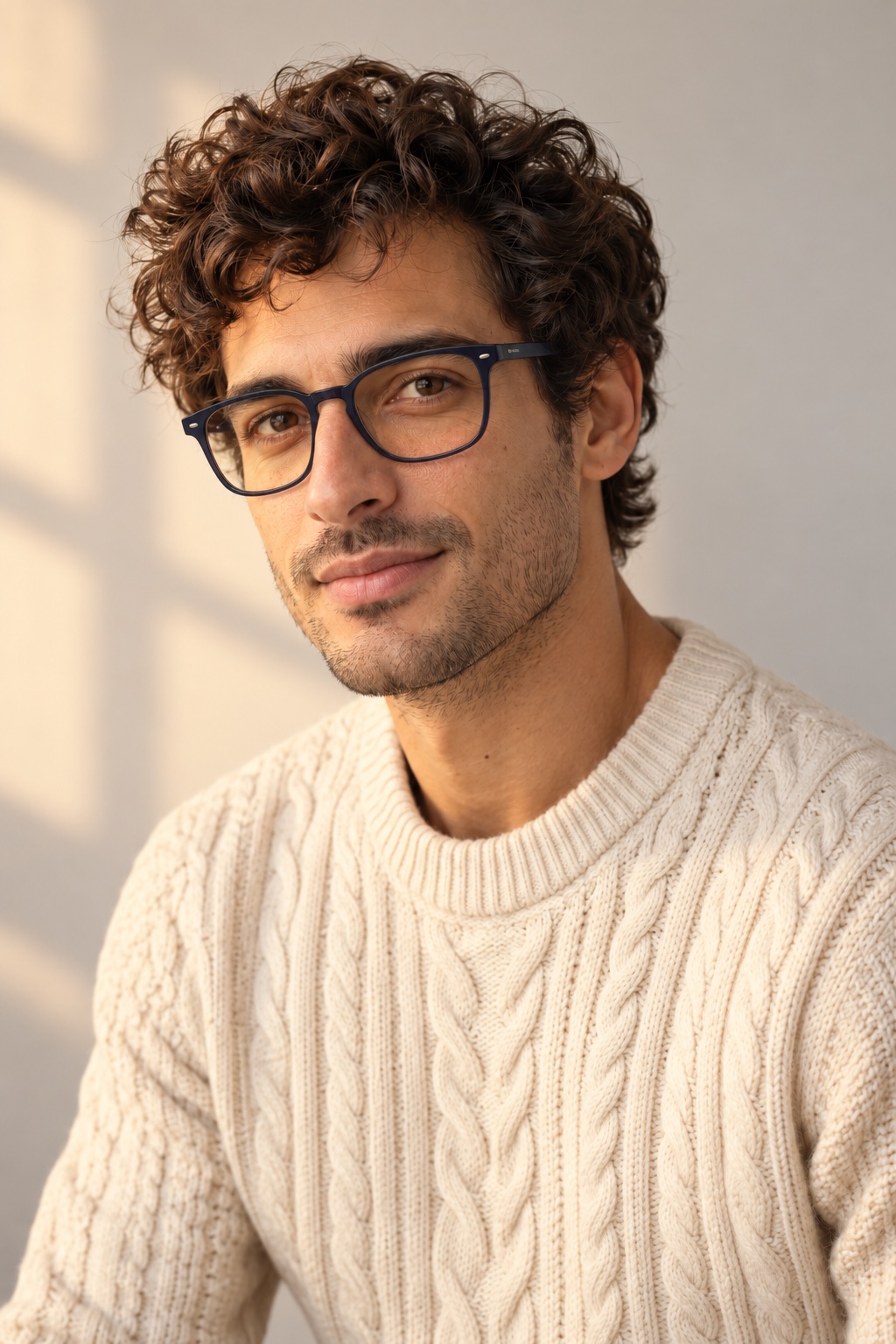 Same man in cream knit sweater wearing deep navy acetate optical glasses with amber tint lenses