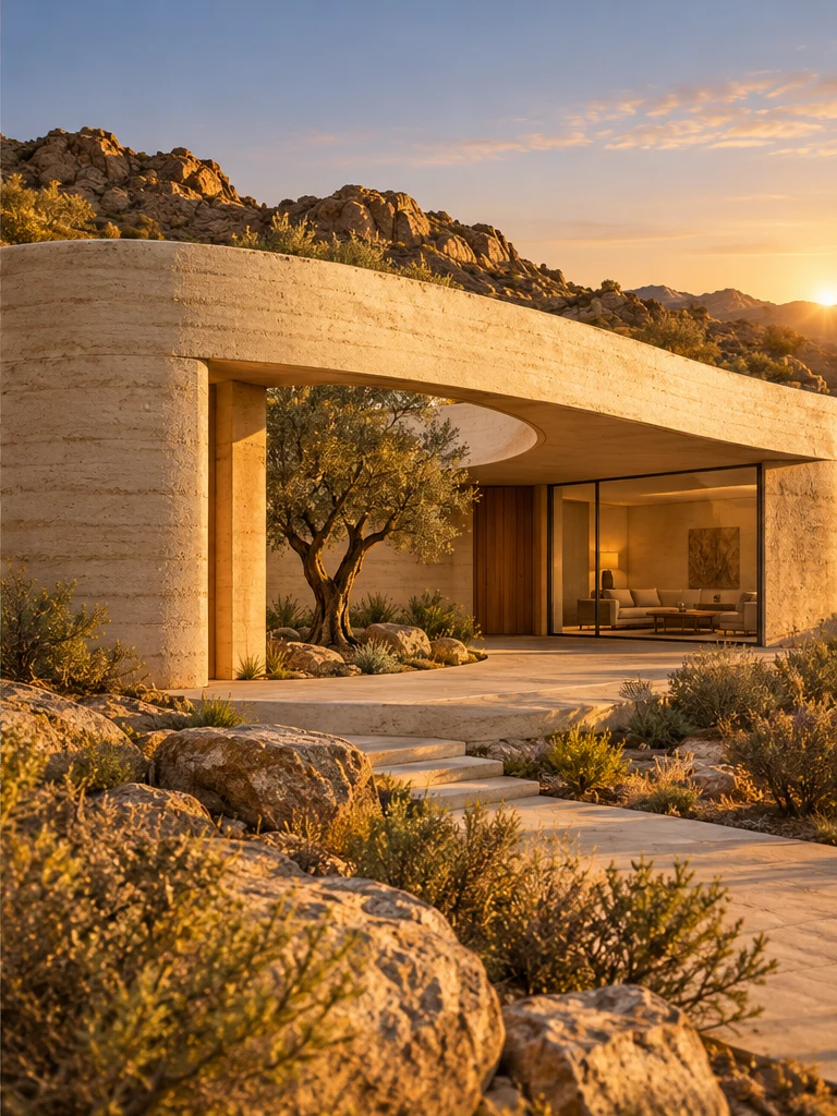 Architectural concept drawing transformed into a sunlit desert residence