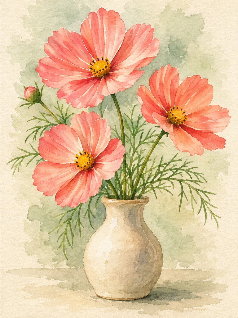 Coral cosmos photograph transformed into a delicate watercolor painting