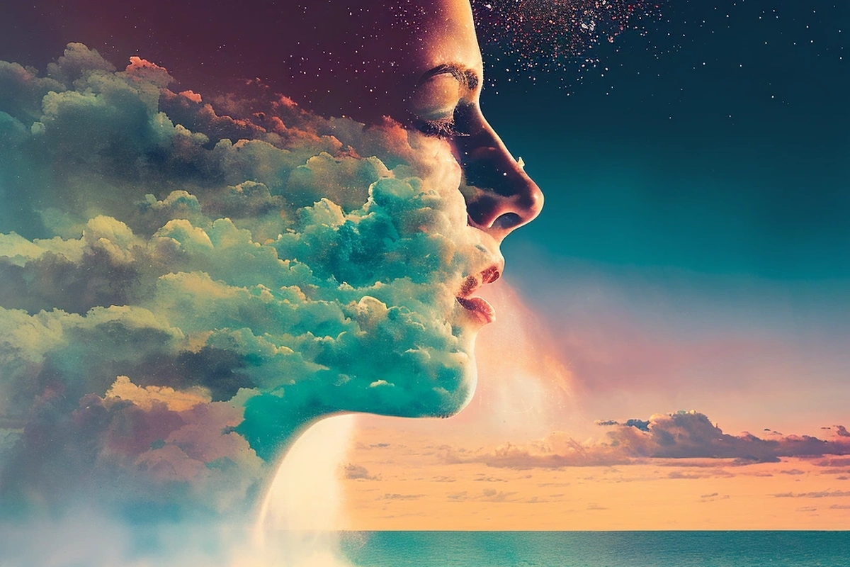 Illustrative reference: Portrait photo remixed into ethereal double exposure art