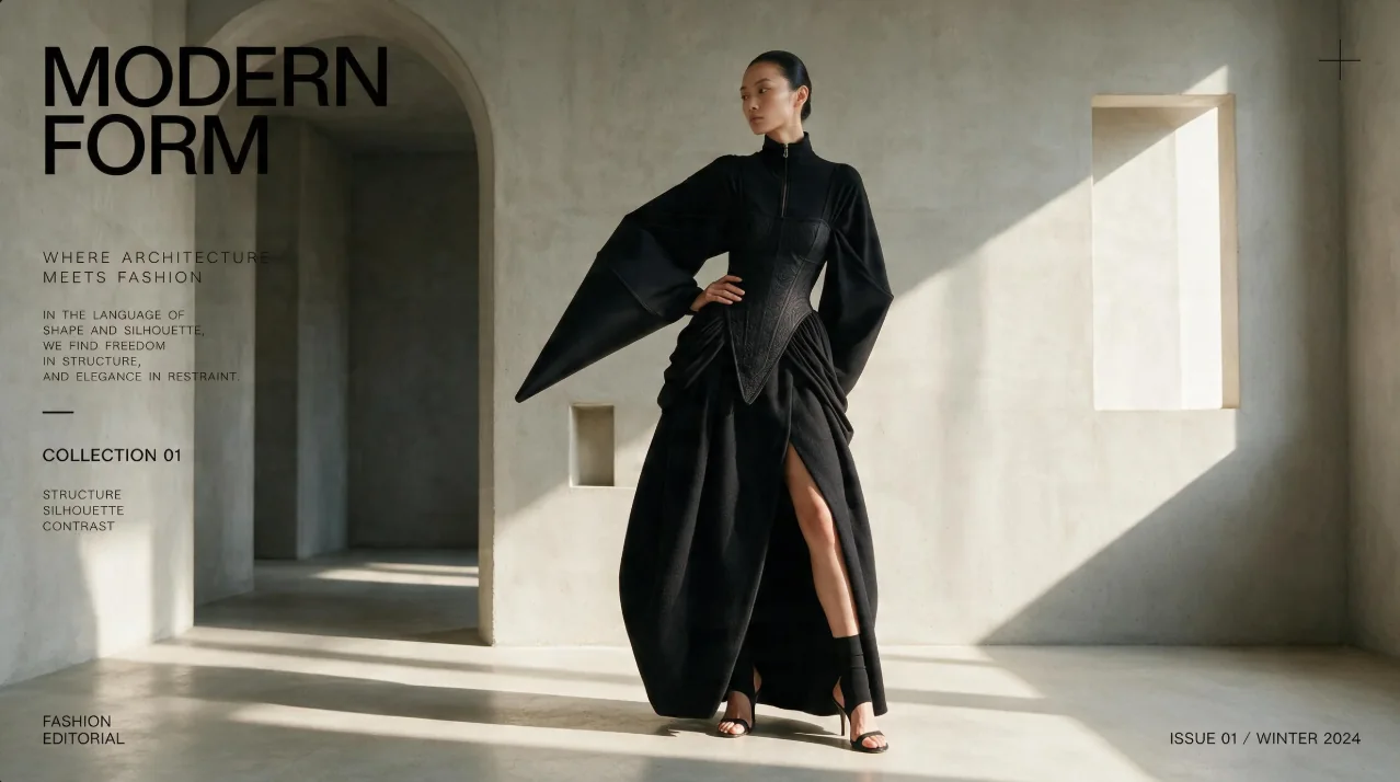 Illustrative fashion editorial with a model in a sculptural black outfit and pale stone architecture