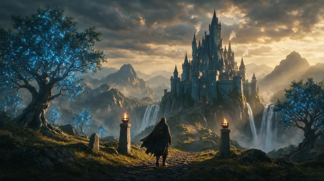 Illustrative fantasy castle beyond a bridge, waterfalls, and luminous blue trees