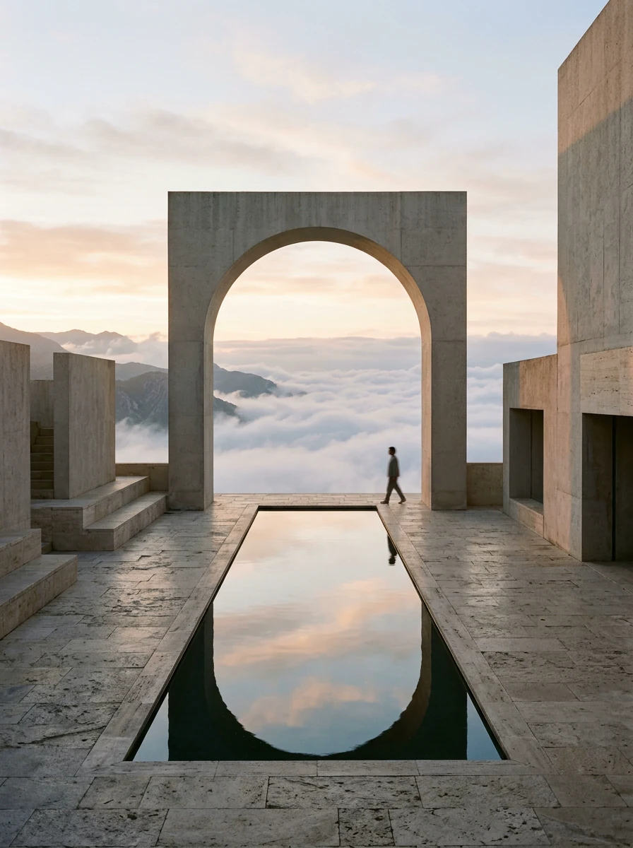 Illustrative reference: Arched courtyard with reflecting water and a soft architectural palette