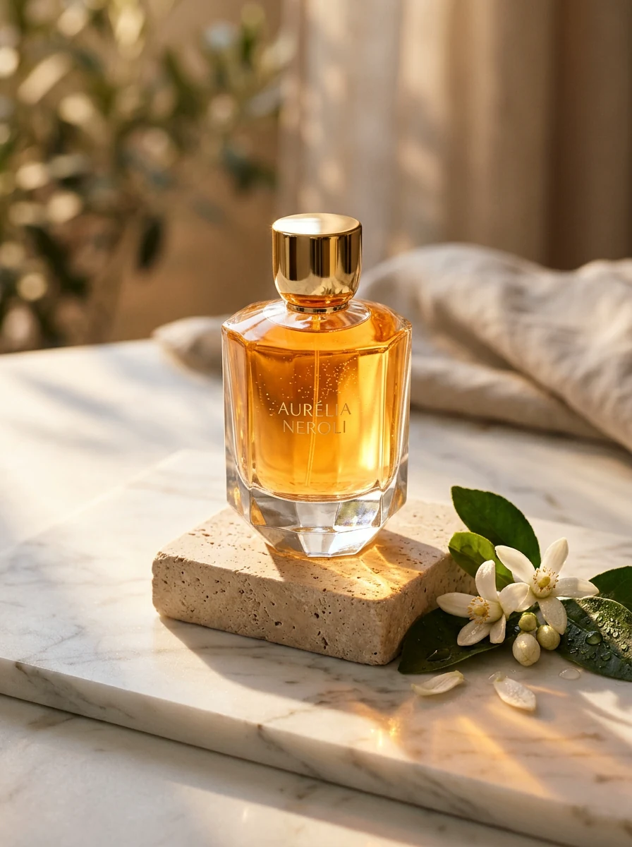 Illustrative reference: Citrus perfume still life used as a product-styling moodboard reference