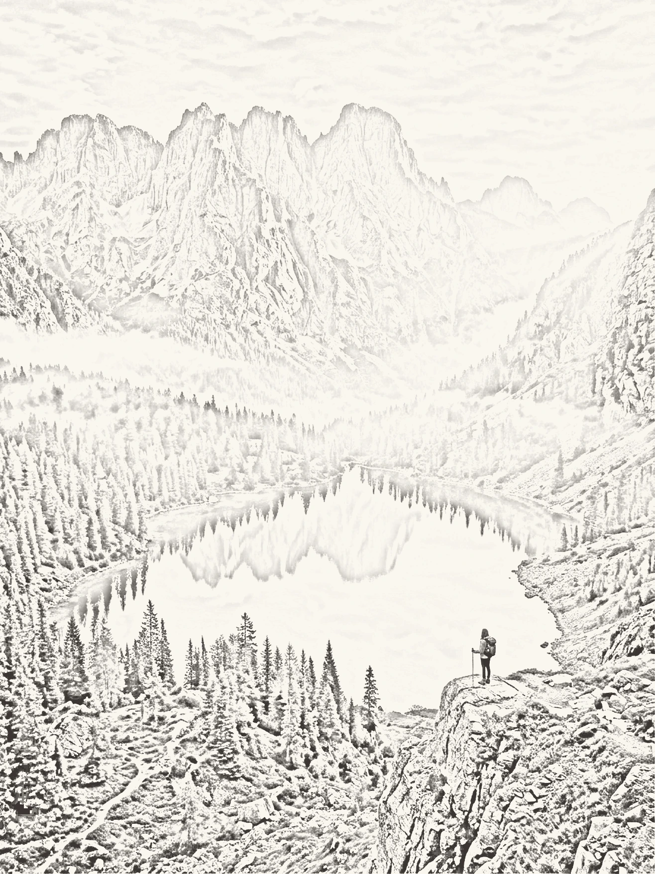 Illustrative reference: Alpine sanctuary concept sketch with a solitary explorer for scale