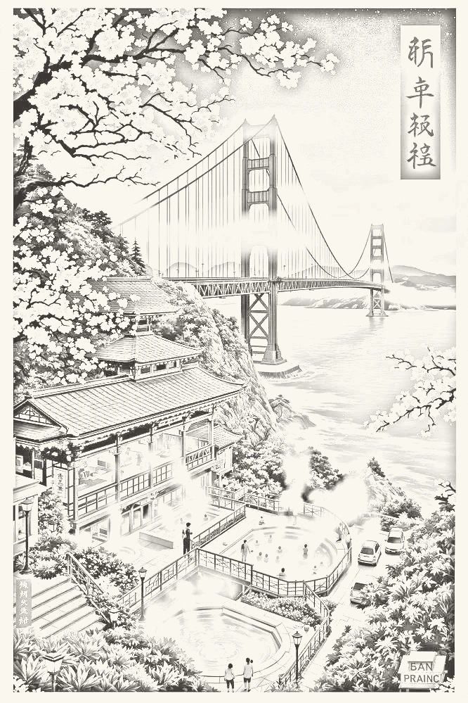 Illustrative reference: Illustrative bridge and onsen poster composition