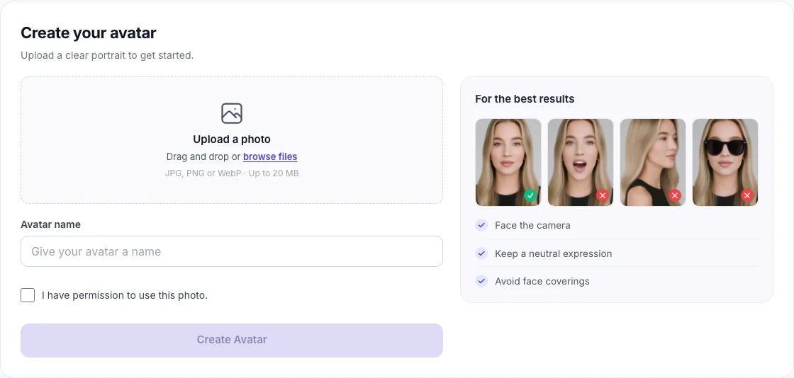 AI Avatar Generator workbench: Avatar portrait guidance
