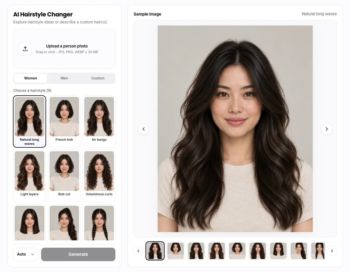 AI Hairstyle Changer workbench: Women hairstyle presets