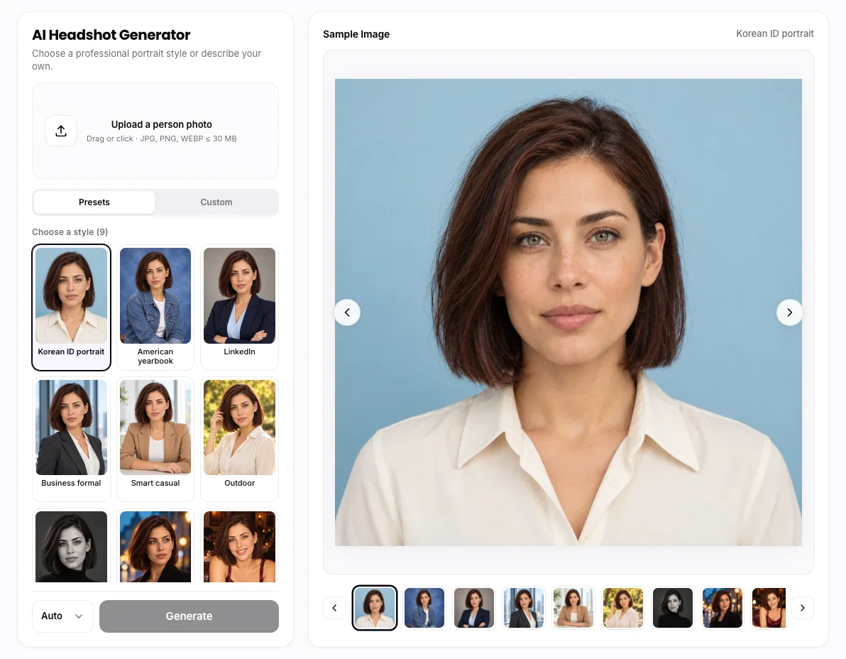 AI Headshot Generator workbench: Headshot presets
