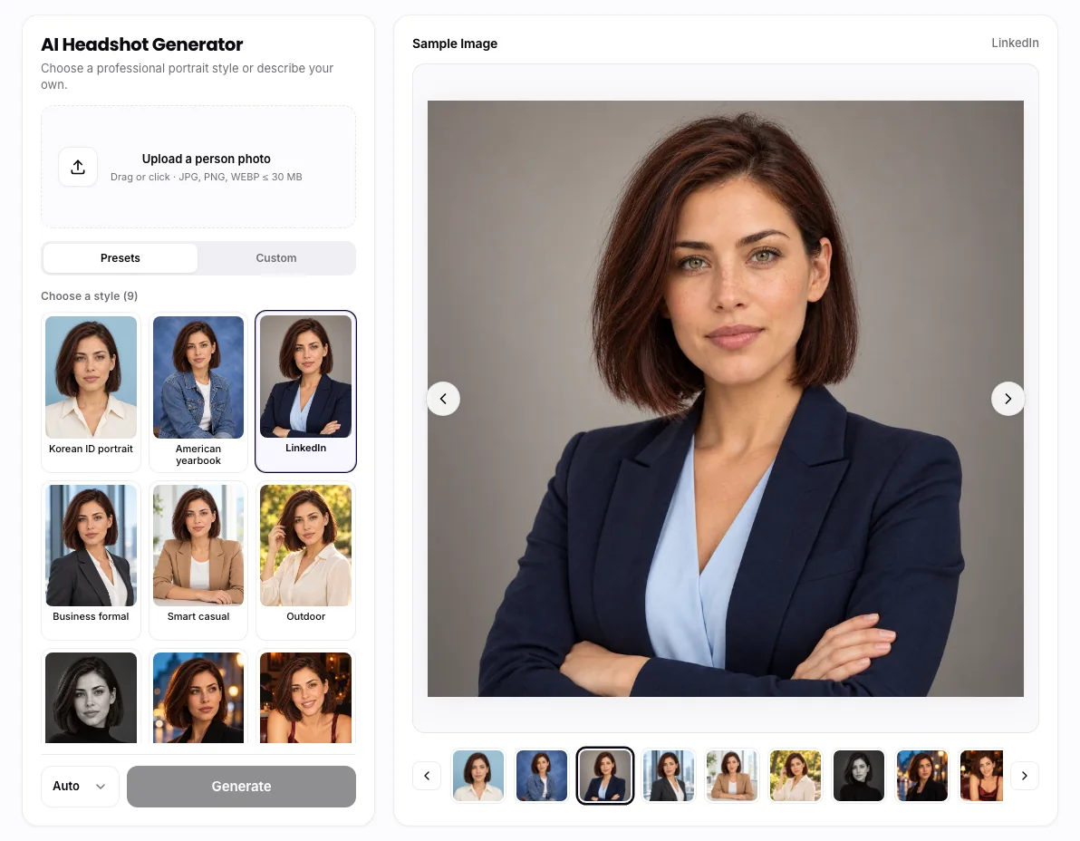 AI Headshot Generator workbench: LinkedIn headshot preset