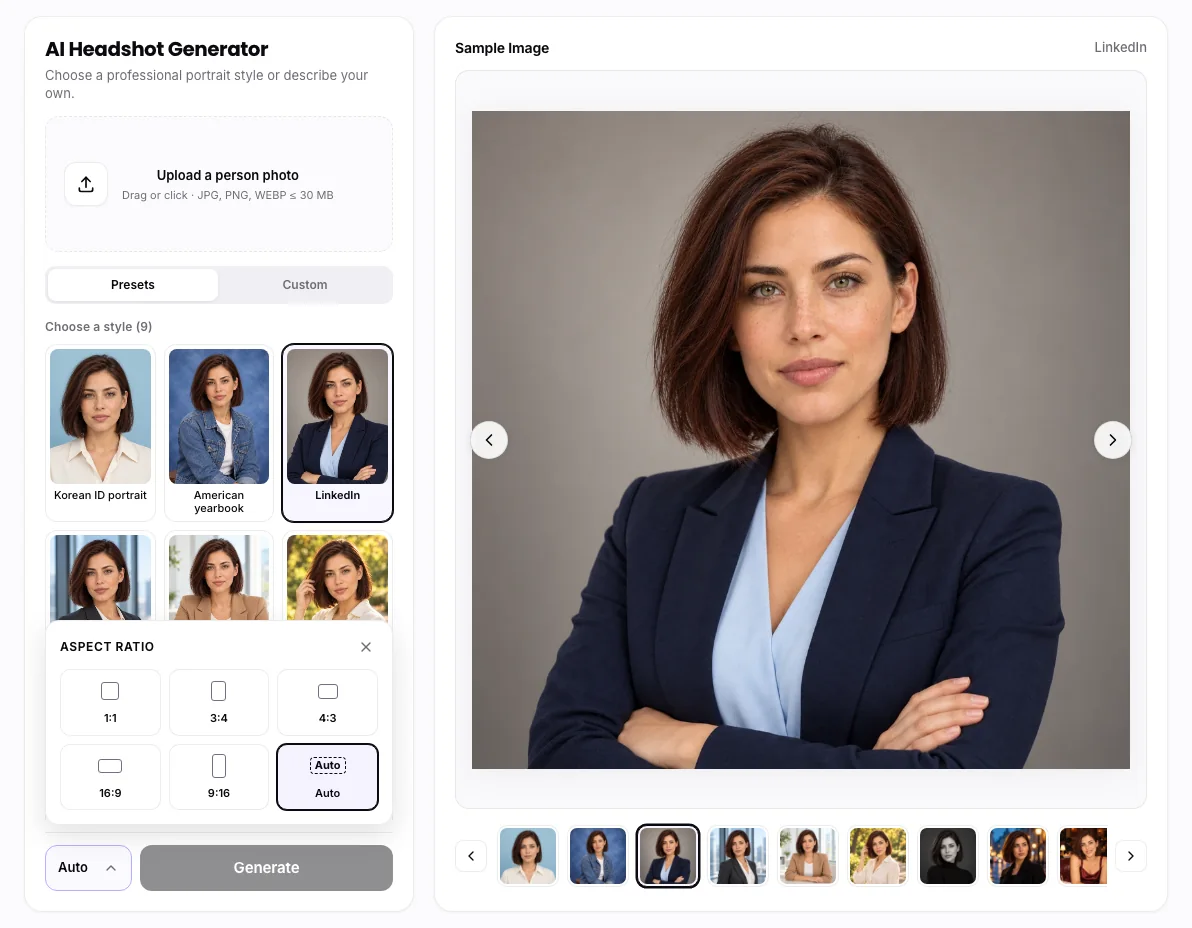 AI Headshot Generator workbench: Headshot aspect-ratio choices