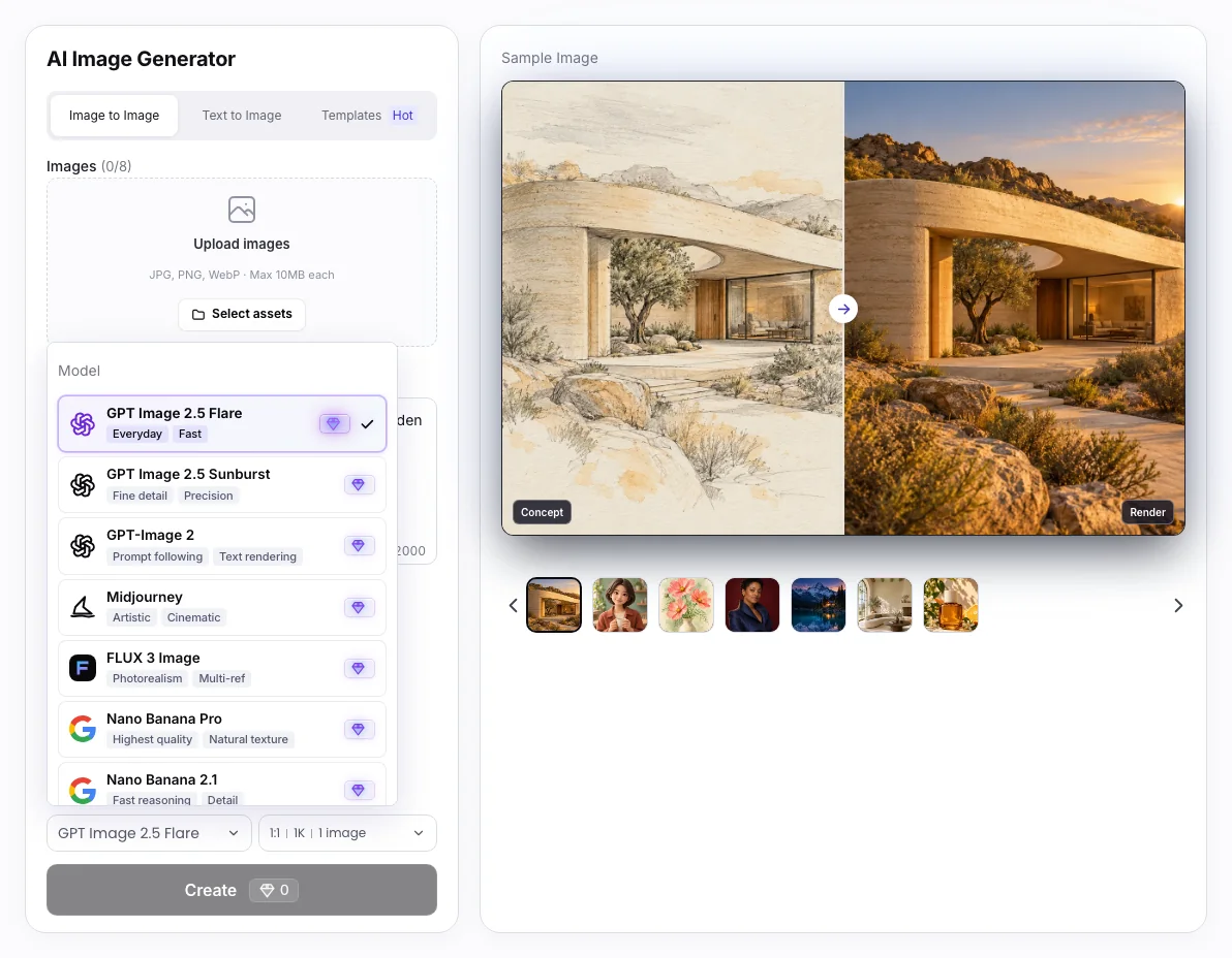 AI Image to Image workbench: Image model choices