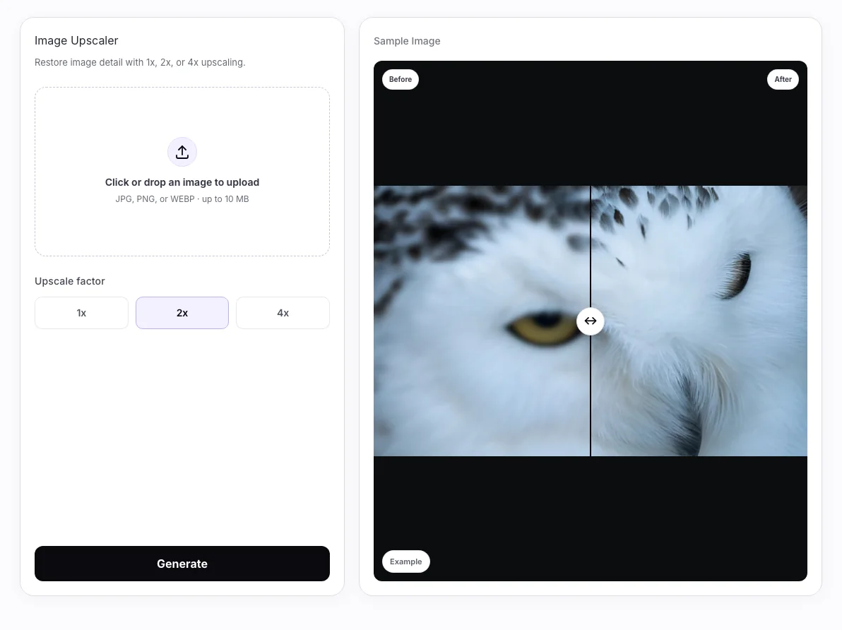 AI Image Upscaler workbench: Upscaler upload area