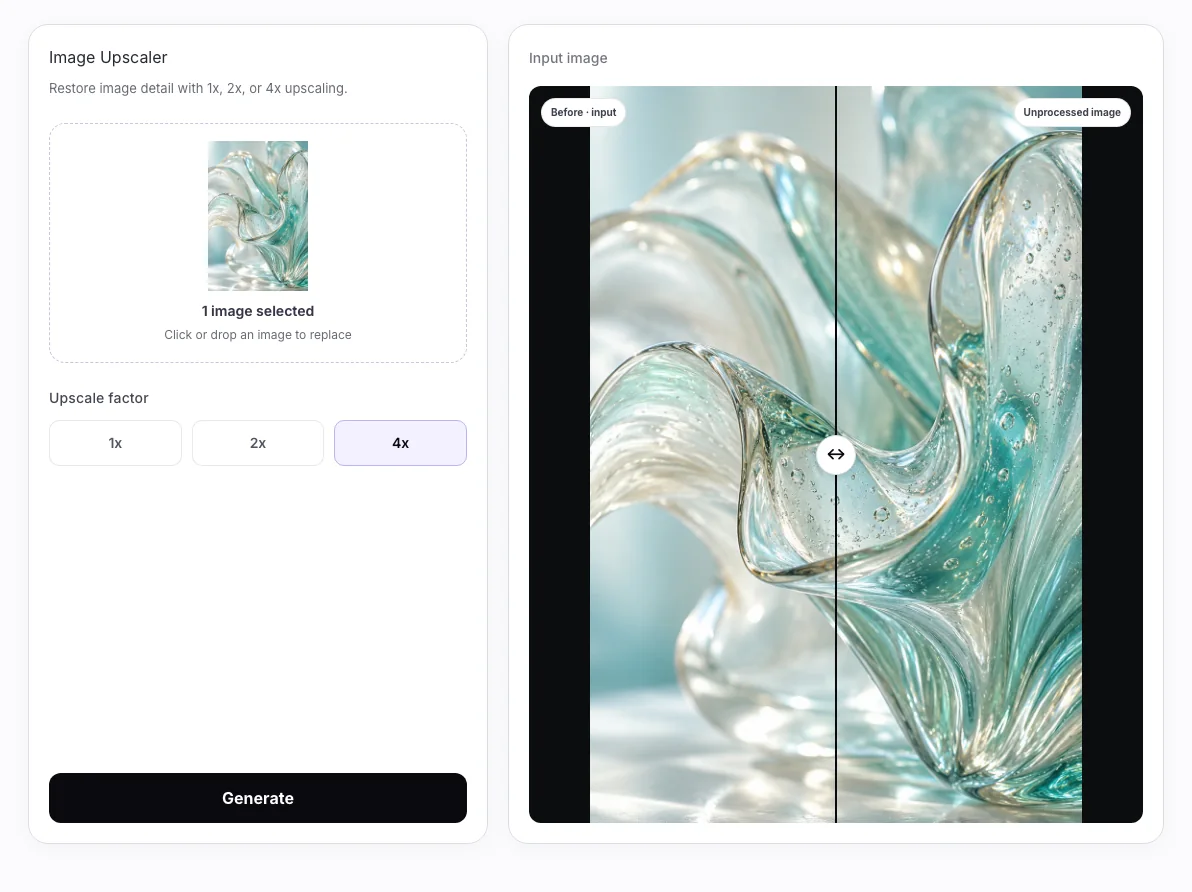 AI Image Upscaler workbench: Uploaded source with 4× selected