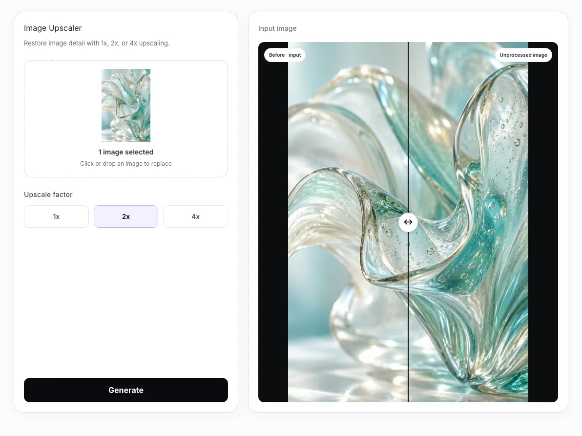 AI Image Upscaler workbench: Uploaded source with 2× selected