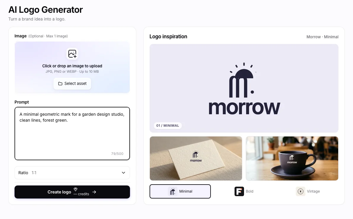 AI Logo Generator workbench: Logo details form