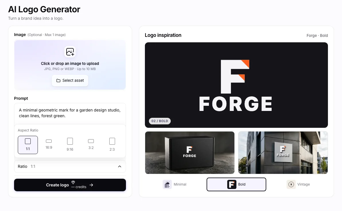 AI Logo Generator workbench: Logo aspect-ratio choices
