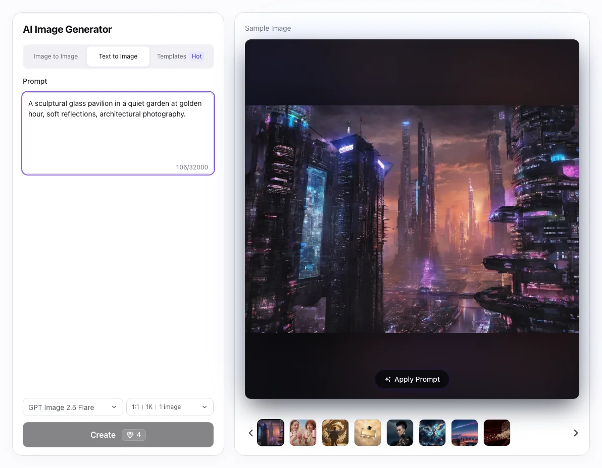 AI Text to Image workbench: Text to Image prompt prepared