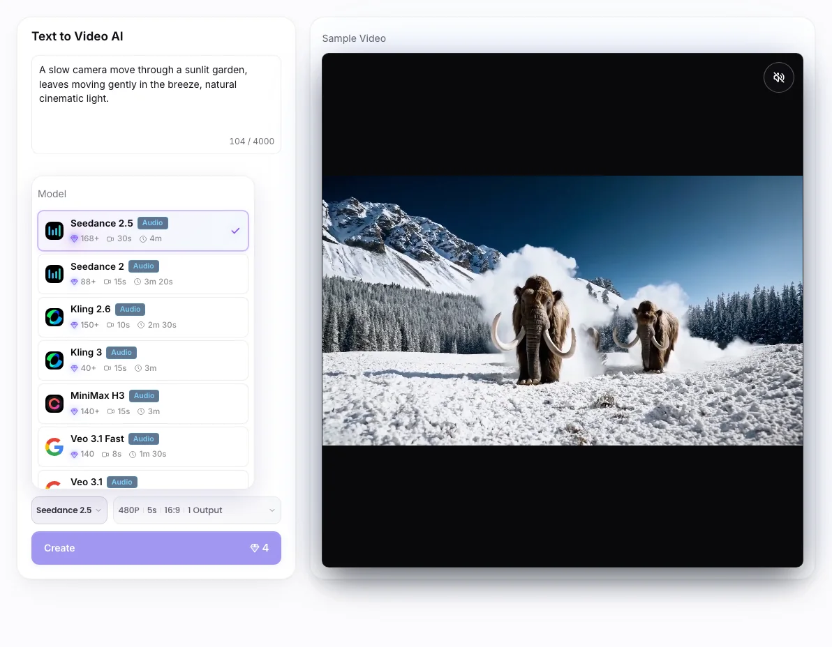 AI Video Generator workbench: Video model choices