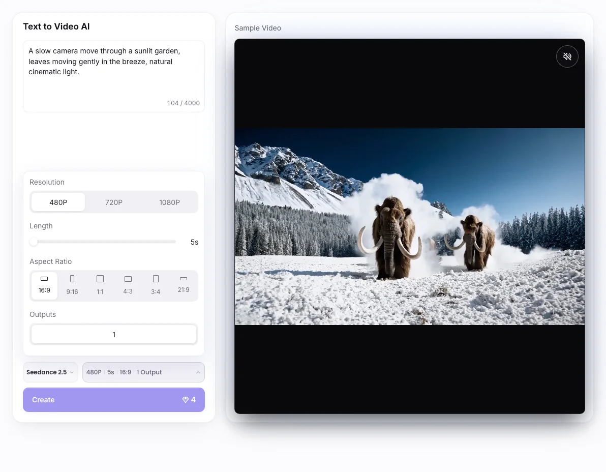 AI Video Generator workbench: Video output parameters
