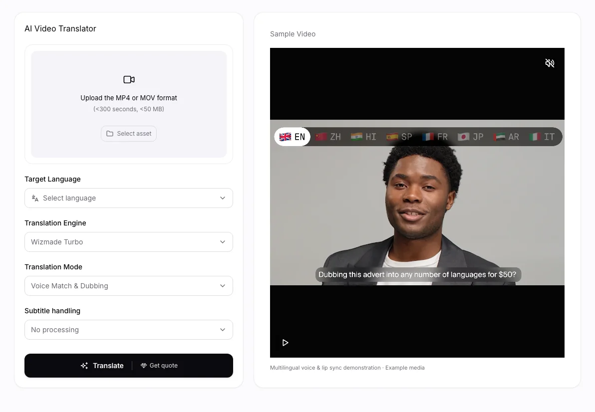 AI Video Translator workbench: Video translation form