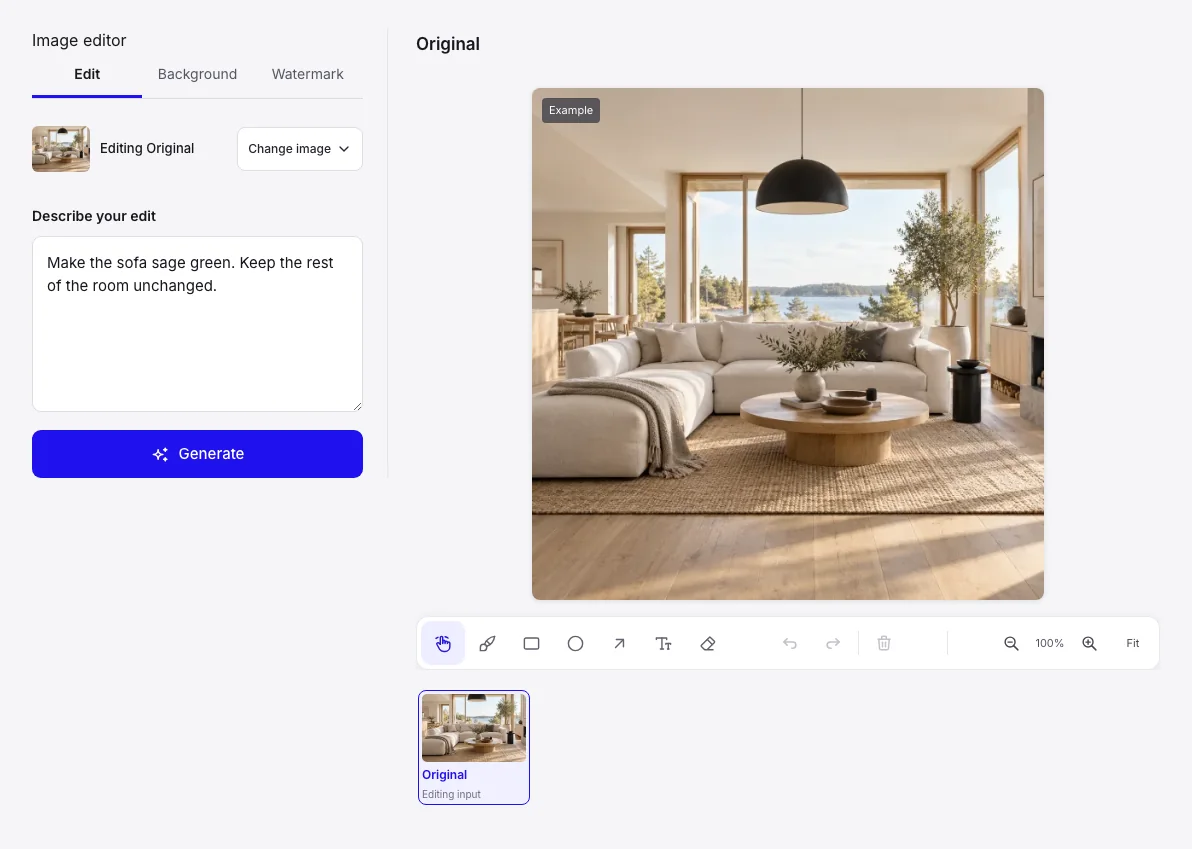 AI Image Editor workbench: Image loaded on the editing canvas
