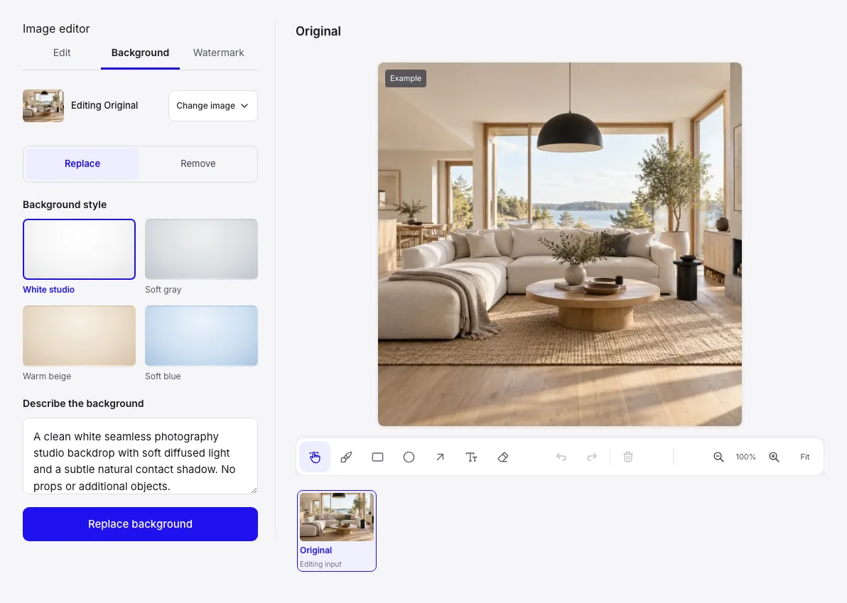 AI Image Editor workbench: Background editing mode