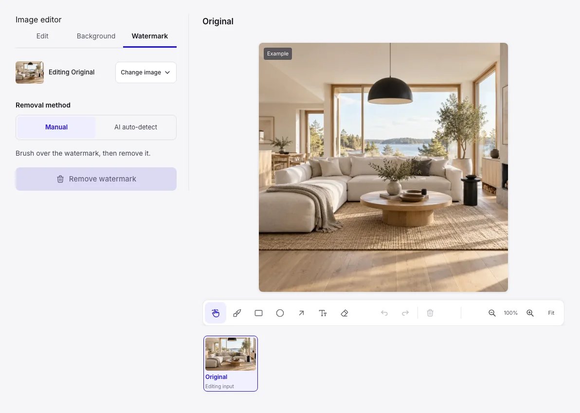 AI Image Editor workbench: Watermark editing mode