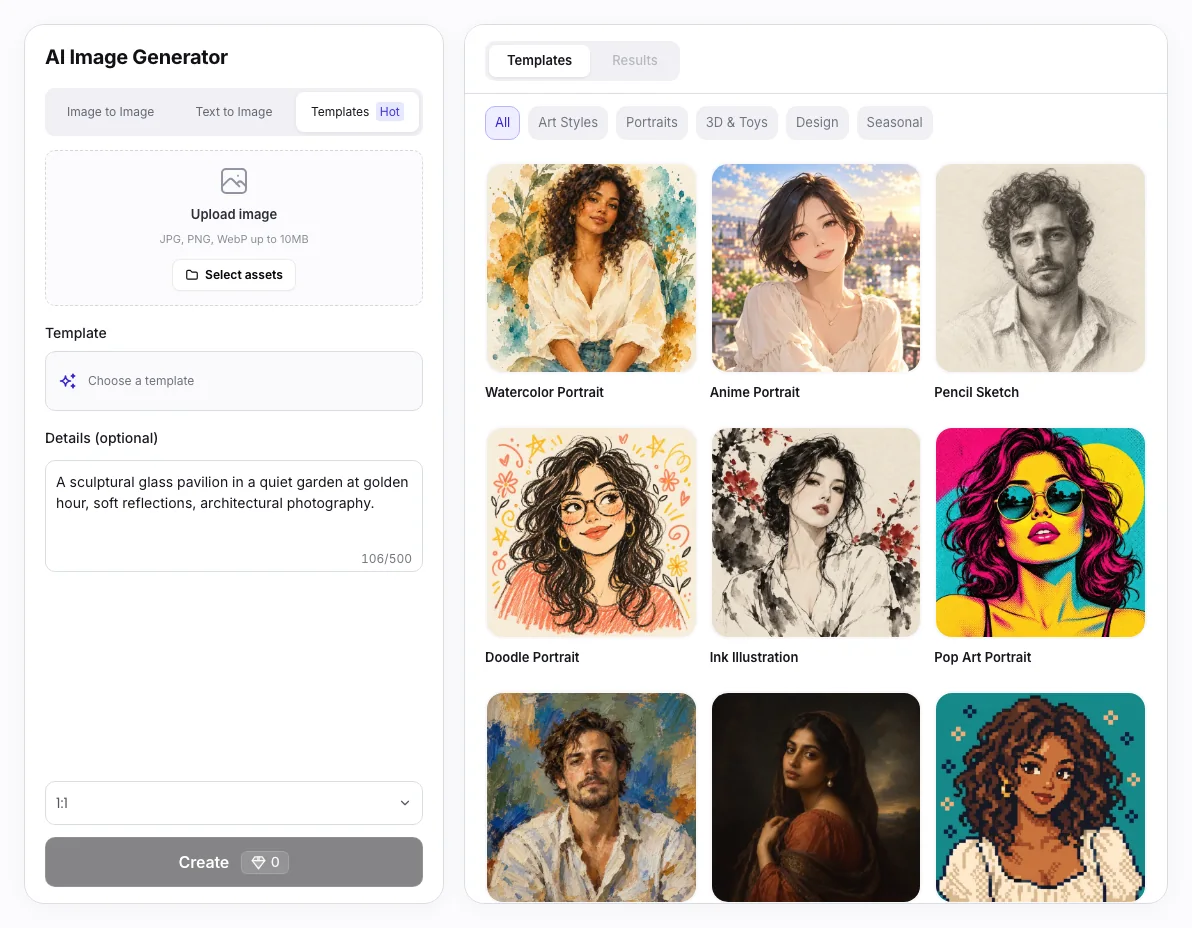 Image Style Transfer workbench: Templates with optional details