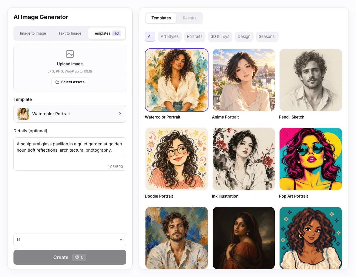 Image Style Transfer workbench: Selected visual template
