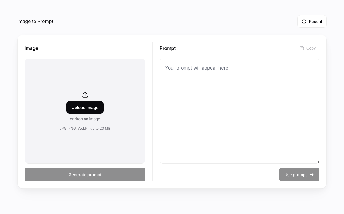 Image to Prompt workbench: Image to Prompt upload area