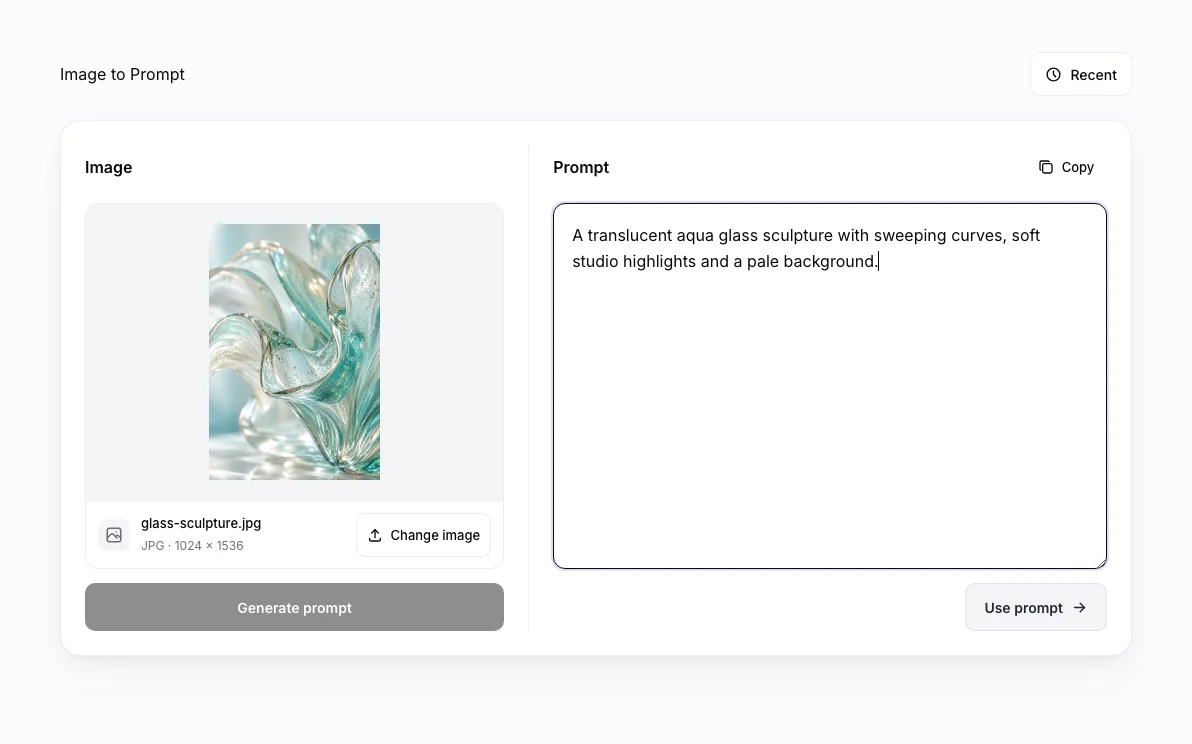 Image to Prompt workbench: an uploaded reference beside a manually written prompt
