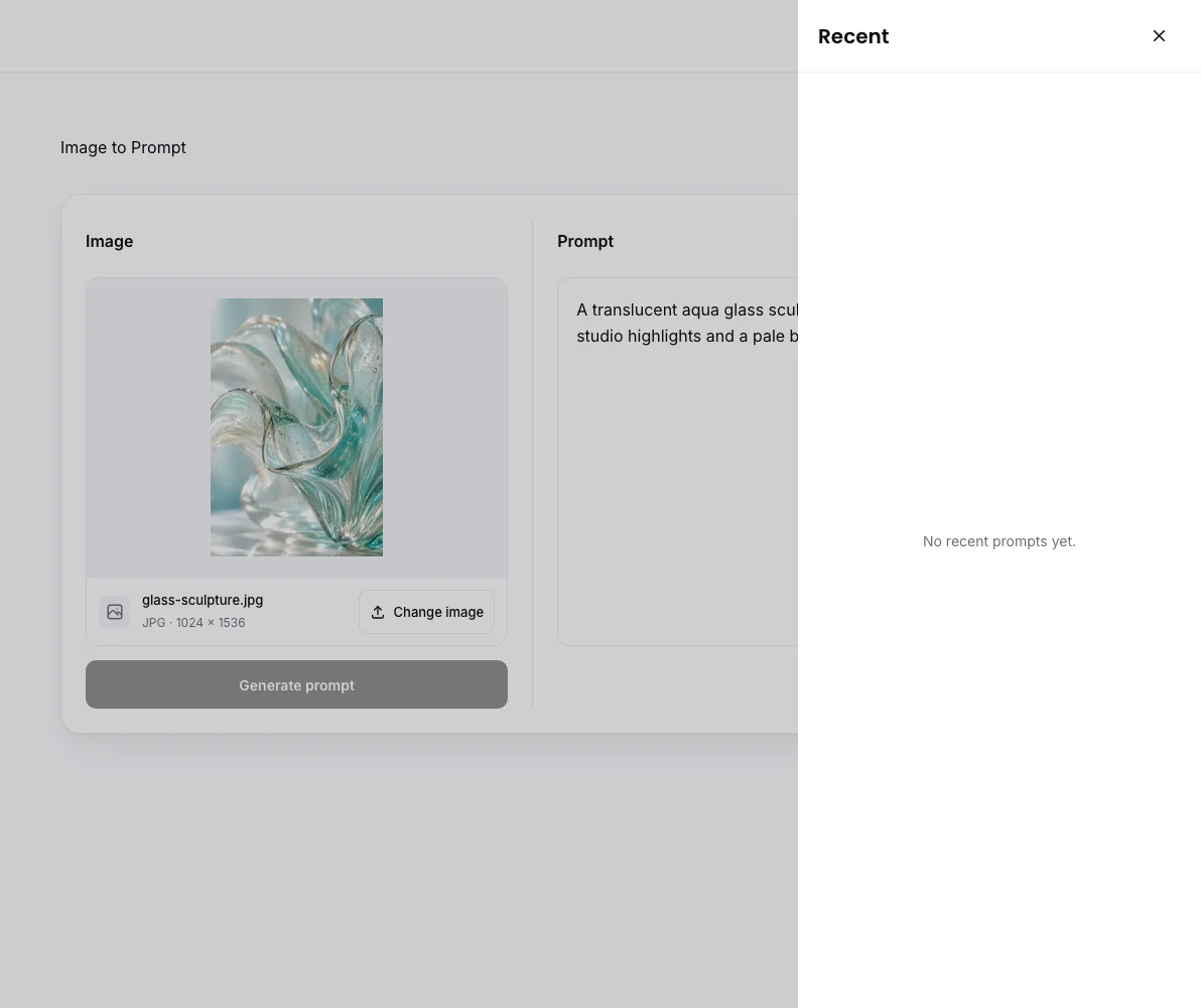 Image to Prompt workbench: Recent descriptions panel