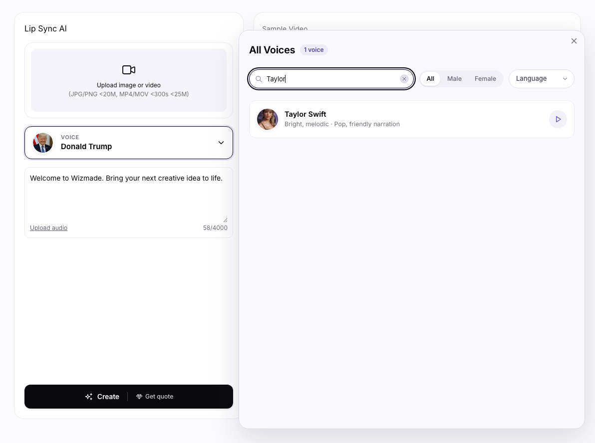 Lip Sync AI workbench: Voice search results