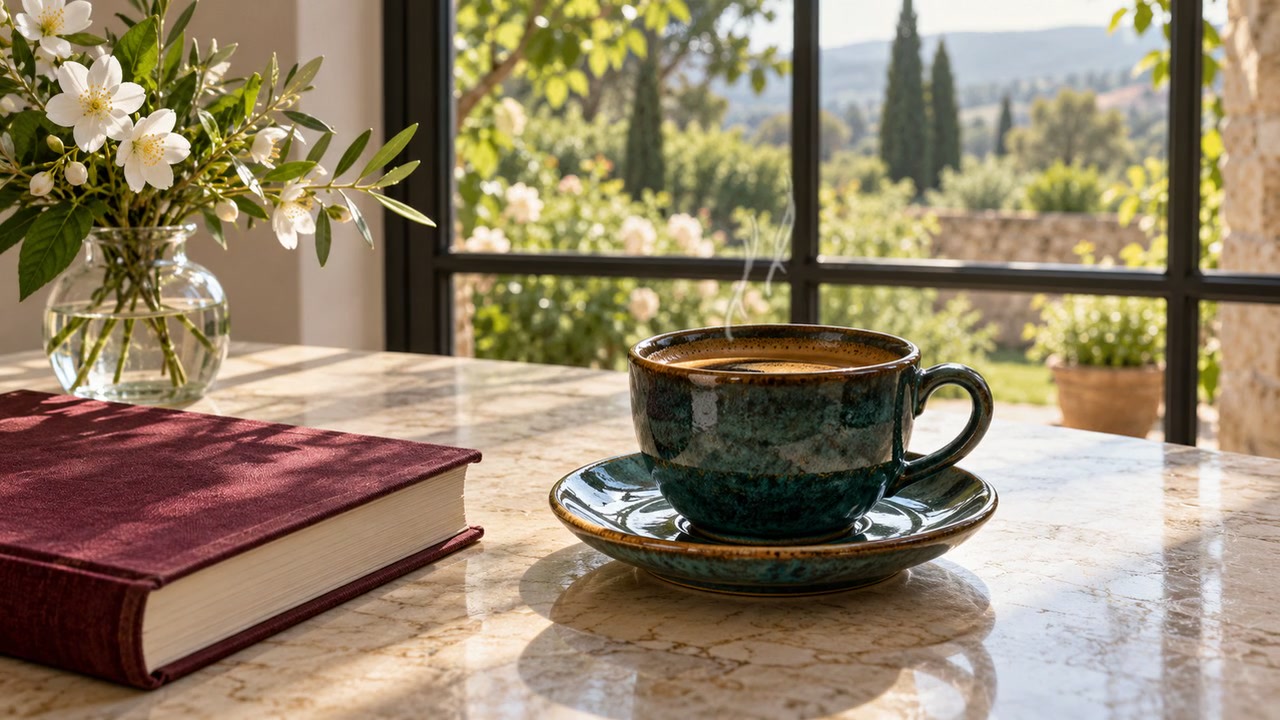 A ceramic coffee cup and notebook on a bright wood table; illustrative inspiration image, not a Kling 2.6 output
