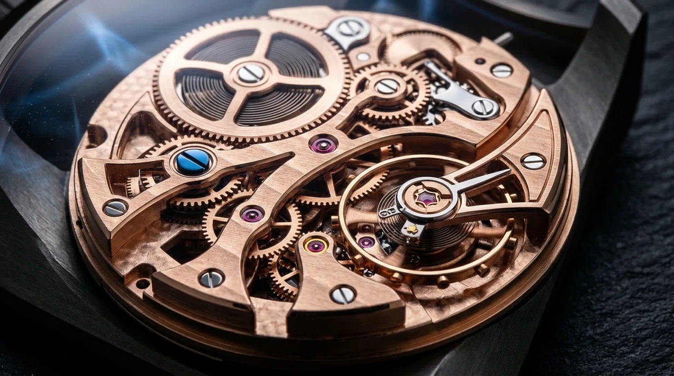 Precision luxury mechanical skeleton watch macro with polished titanium gears and sapphire crystal